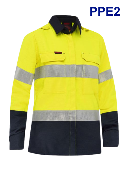 PPE2 Apex 185 Womens Taped Hi Vis FR 20 Yellow/Navy NZS Logoed Vented Shirt 