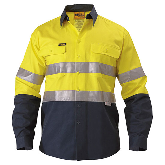 Bisley Two Tone Hi-Vis Mens Long Sleeve Cotton - Yellow/Navy