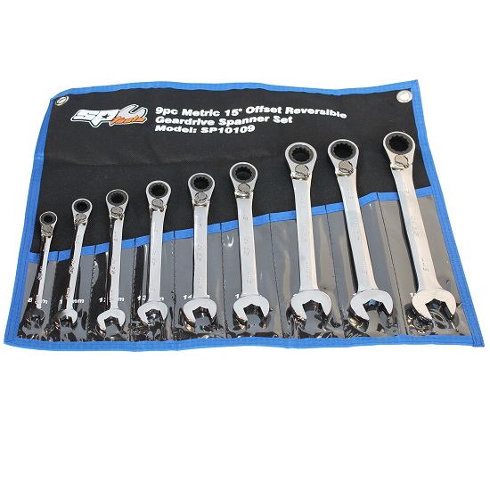 9pce Geardrive Reversible Ring and Open End Spanner Set - Metric - SP Tools