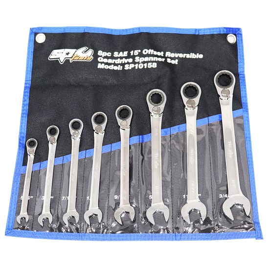 8pce Ring and Open End Geardrive Reversible Spanner Set - Imperial - SP Tools
