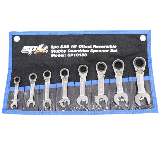 8pce Stubby Geardrive Reversible Spanner Set - Imperial - SP Tools