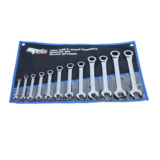 12pce Geardrive Flat Ring and Open End Spanner Set - Imperial - SP Tools