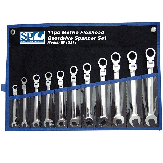 11pce Flexhead Geardrive Ring and Open End Spanner Set - Metric - SP Tools