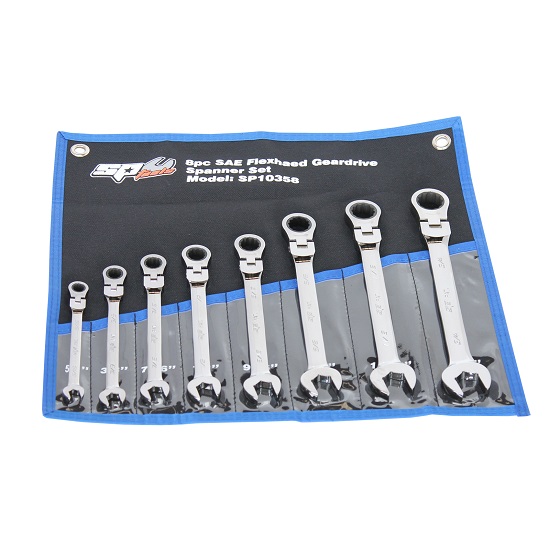 8pce Flexhead Geardrive Ring and Open End Spanner Set - Imperial - SP Tools