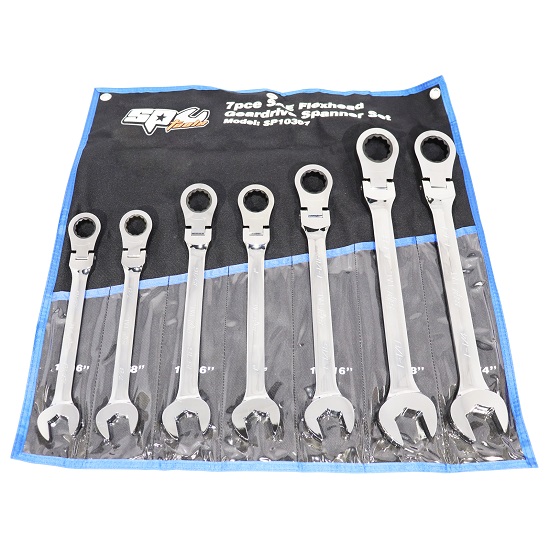 7pce Flexhead Geardrive Ring and Open End Spanner Set - Imperial - SP Tools