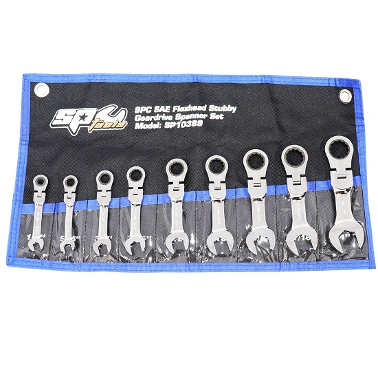 9pce Stubby Flexhead Geardrive Ring and Open End Spanner Set - Imperial - SP Tools