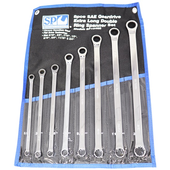8pce Extra Long Double Ring Geardrive Spanner Set - Imperial - SP Tools