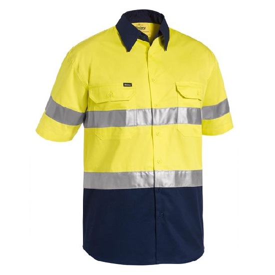 Bisley Hi Vis Lightweight Closed Front Short Sleeve Shirt - Yellow/Navy