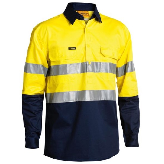 Bisley Hi Vis Lightweight Closed Front Long Sleeve Shirt - Yellow/Navy